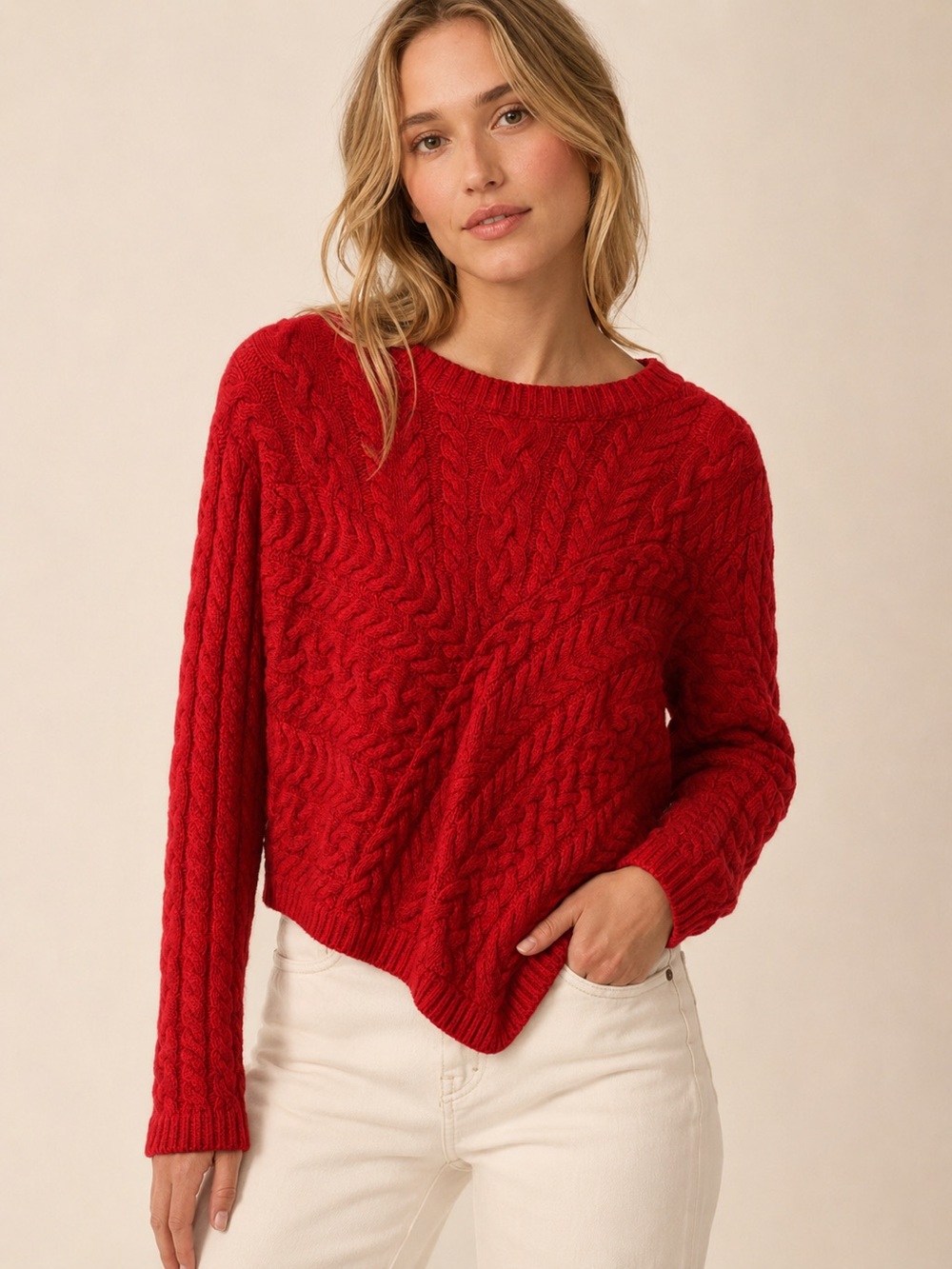 Maeve Red Cable Crewneck Sweater